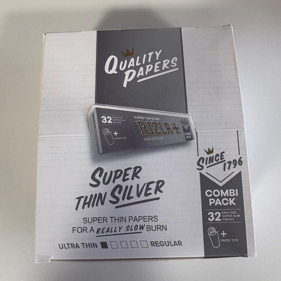 Rizla Silver Super Thin King Size Slim + Tips Rolling Papers (Box of 32)